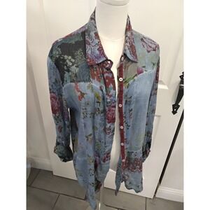 Vintage Goa Mixed Print Floral Paisley Patchwork Cotton Gauze Button Shirt L